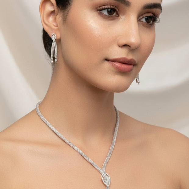 92.5 Sterling Silver Necklace with Stone Pendant and Earrings