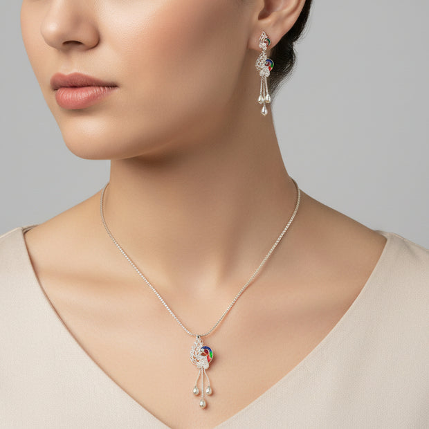 92 5 Silver Necklace With Peacock Pendant and Earrings