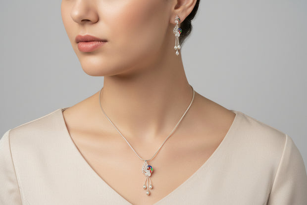 92 5 Silver Necklace With Peacock Pendant and Earrings