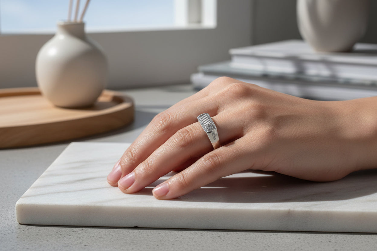 92.5 Sterling Silver Zircon Geometric Ring For Men