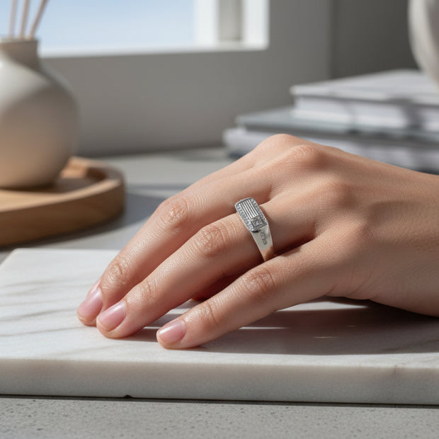 92.5 Sterling Silver Zircon Geometric Ring For Men