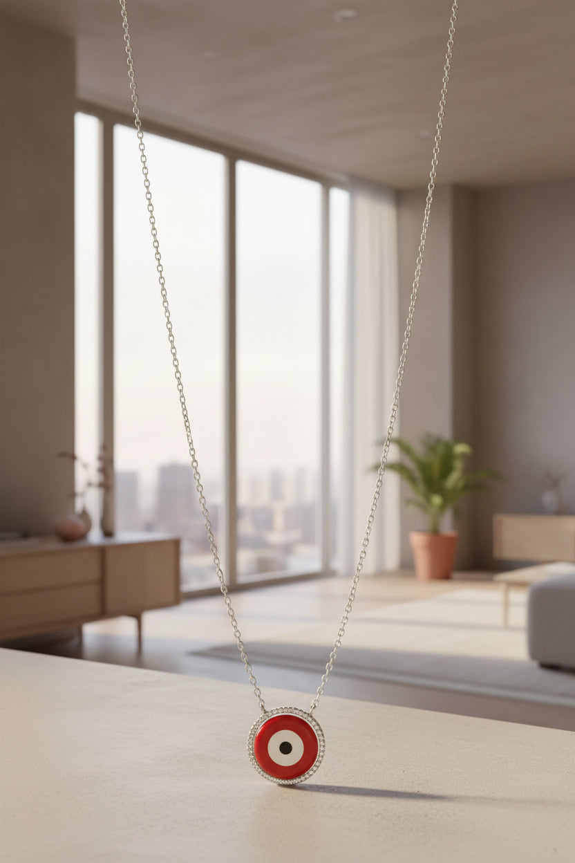 925 Sterling Silver Chain With Red Evil Eye Pendant