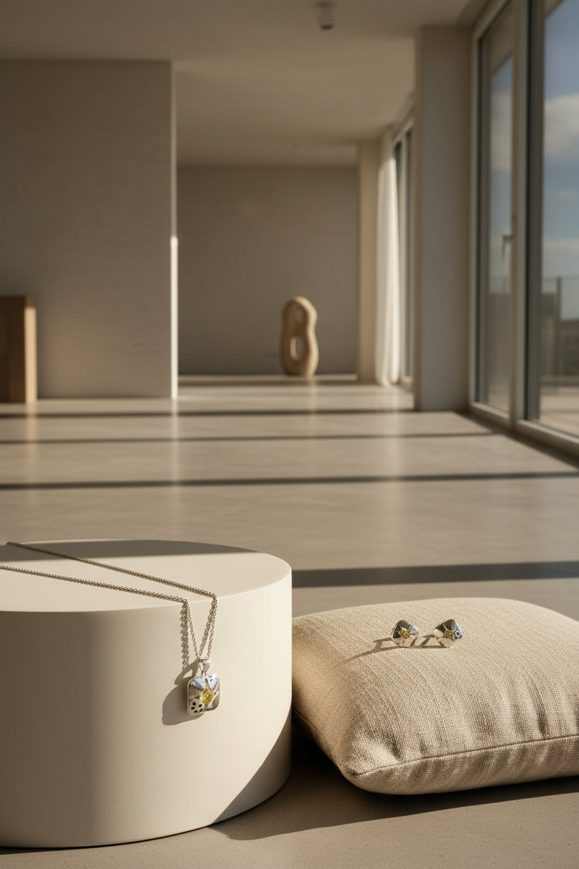 925 Sterling Silver Necklace With Yellow Stone Pendant and Earrings Set