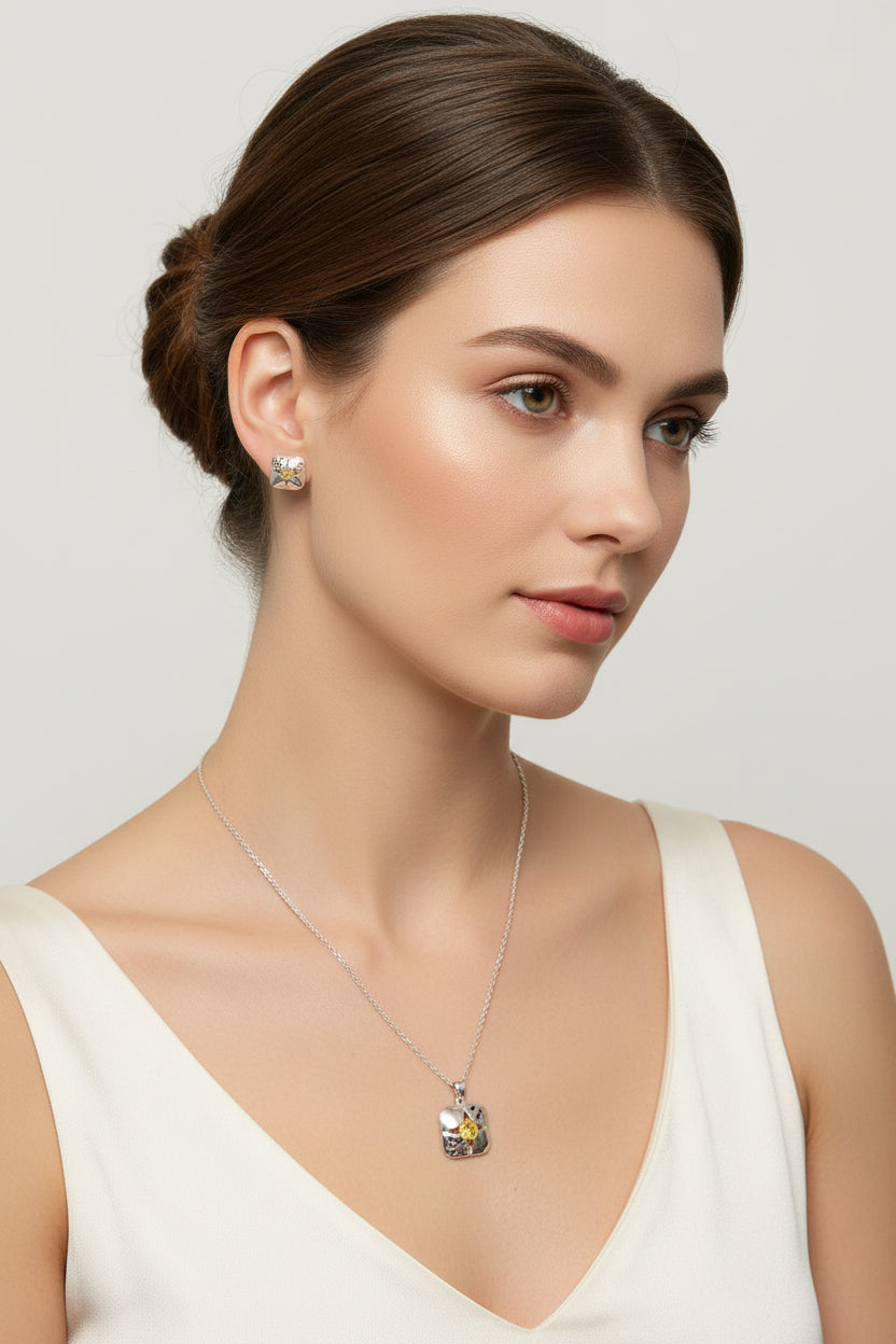 925 Sterling Silver Necklace With Yellow Stone Pendant and Earrings Set